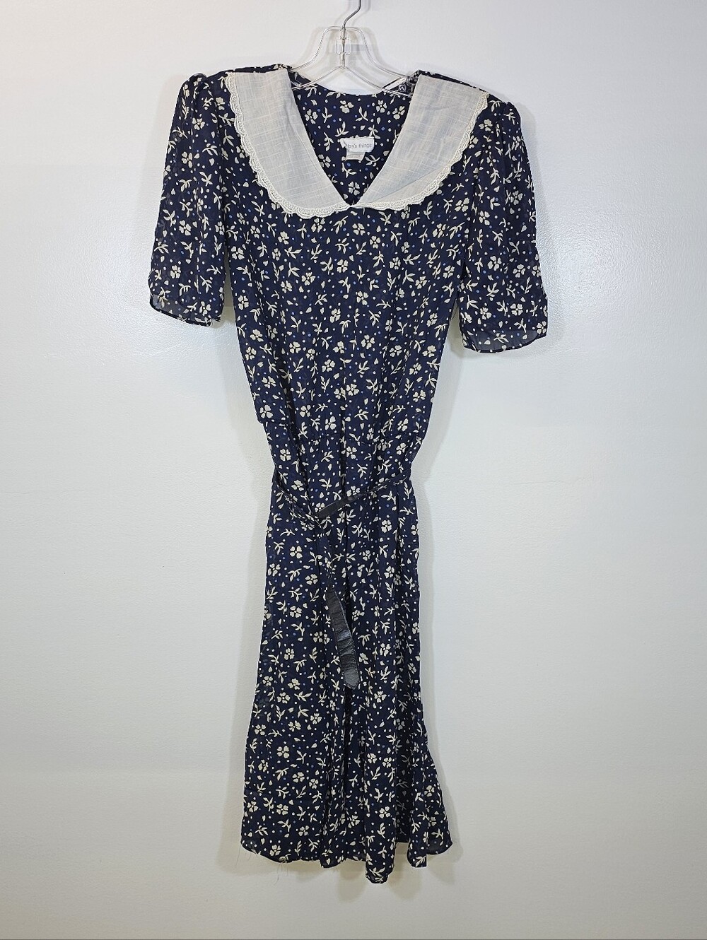 Vintage Navy Floral Cotton Dress with White Lace Collar